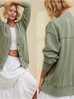 aerie Olive Green Button-Front V-Neck Cardigan Sweatshirt